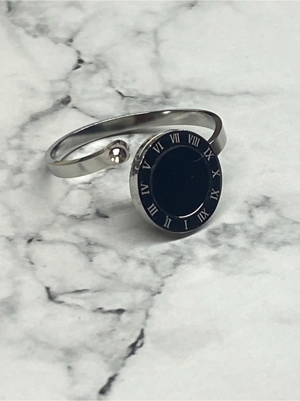 Unisex Black and Silver Roman Accent Stainless Steel Ring